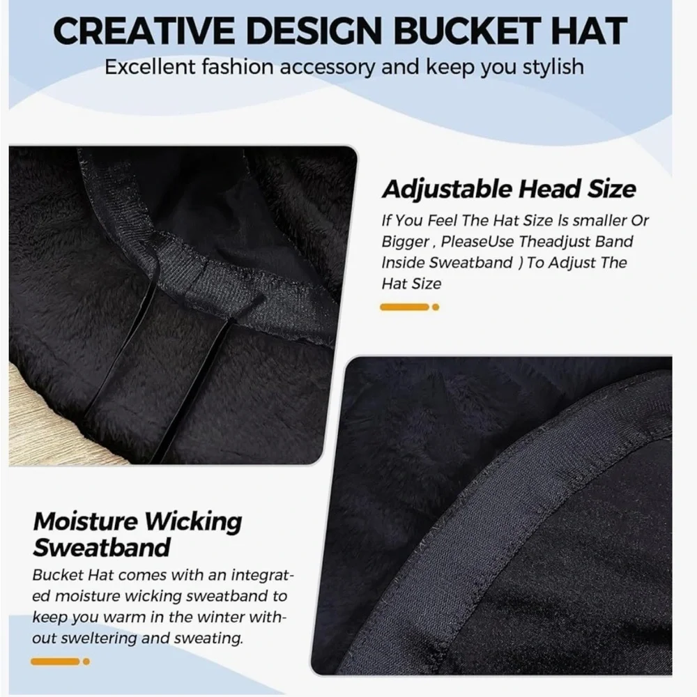 Faux Fur Furry Bucket Hat Winter Warm Unisex Adjustable Lightweight Black